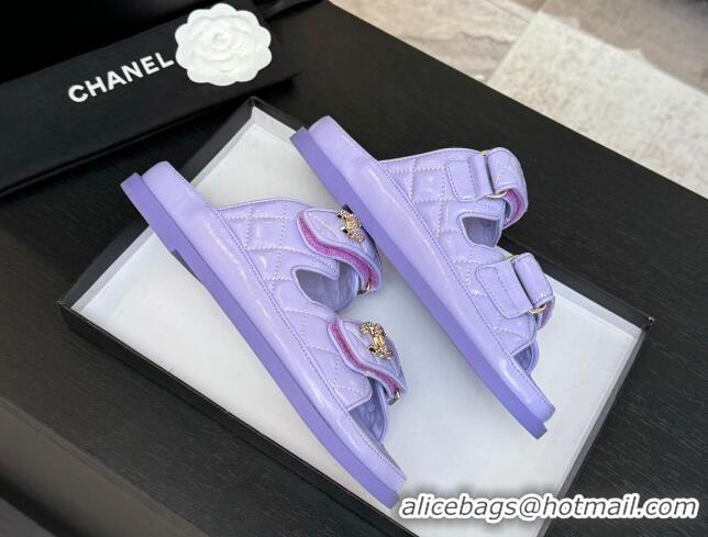 Duplicate Chanel Patent Calfskin Flat Strap Slides Sandal with Strass CC Purple 2025 CH041719