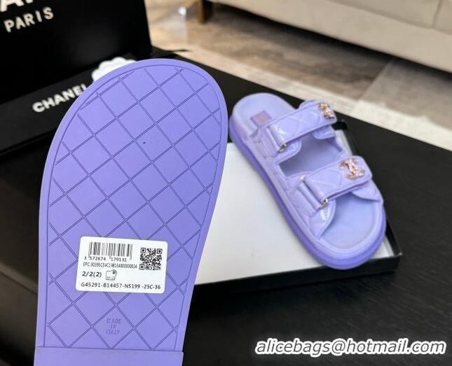 Duplicate Chanel Patent Calfskin Flat Strap Slides Sandal with Strass CC Purple 2025 CH041719