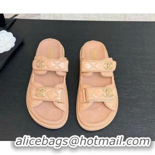 Shop Duplicate Chanel Patent Calfskin Flat Strap Slides Sandal with Strass CC Nude Pink 2025 CH041719