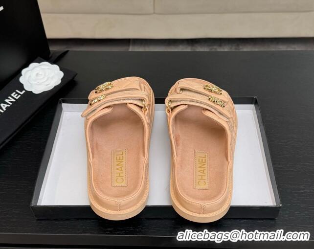 Shop Duplicate Chanel Patent Calfskin Flat Strap Slides Sandal with Strass CC Nude Pink 2025 CH041719