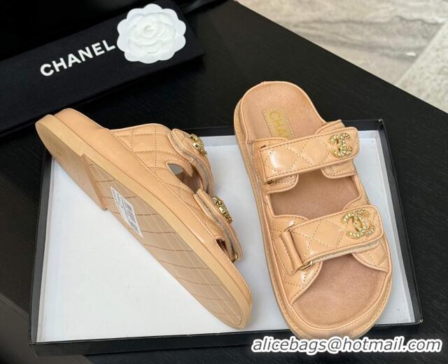 Shop Duplicate Chanel Patent Calfskin Flat Strap Slides Sandal with Strass CC Nude Pink 2025 CH041719