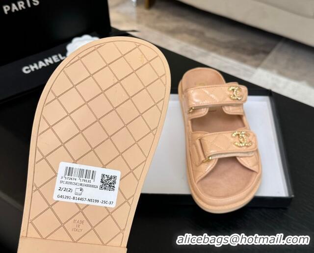 Shop Duplicate Chanel Patent Calfskin Flat Strap Slides Sandal with Strass CC Nude Pink 2025 CH041719