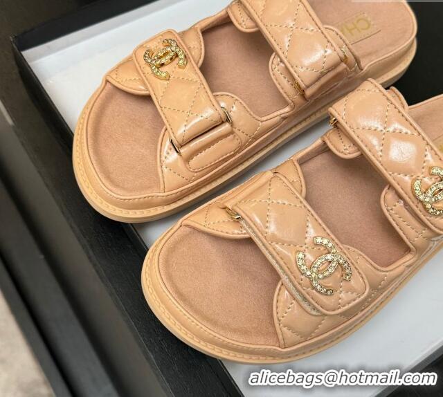 Shop Duplicate Chanel Patent Calfskin Flat Strap Slides Sandal with Strass CC Nude Pink 2025 CH041719