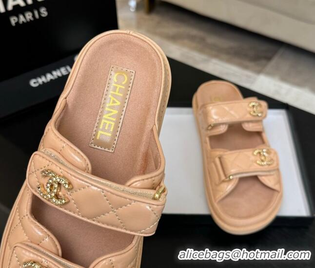 Shop Duplicate Chanel Patent Calfskin Flat Strap Slides Sandal with Strass CC Nude Pink 2025 CH041719