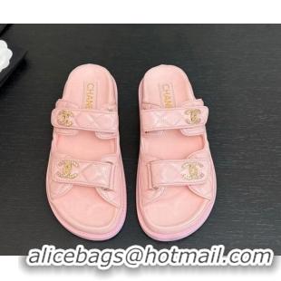 Trendy Design Chanel Patent Calfskin Flat Strap Slides Sandal with Strass CC Light Pink 2025 CH041719