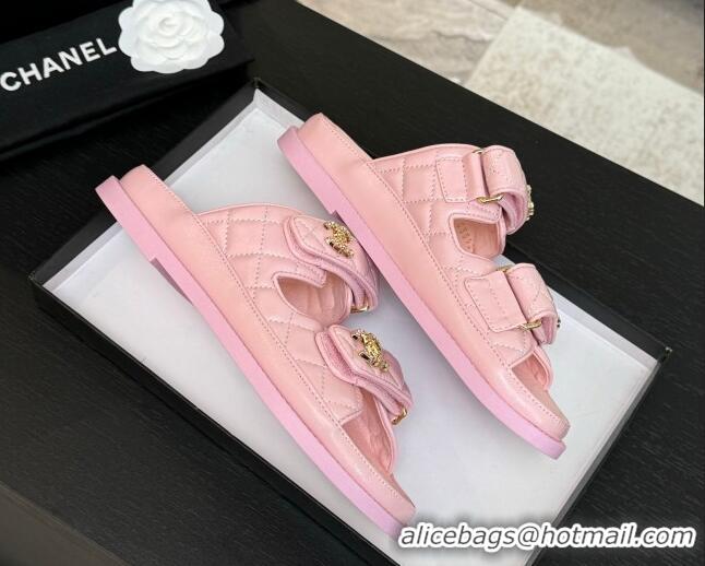 Trendy Design Chanel Patent Calfskin Flat Strap Slides Sandal with Strass CC Light Pink 2025 CH041719