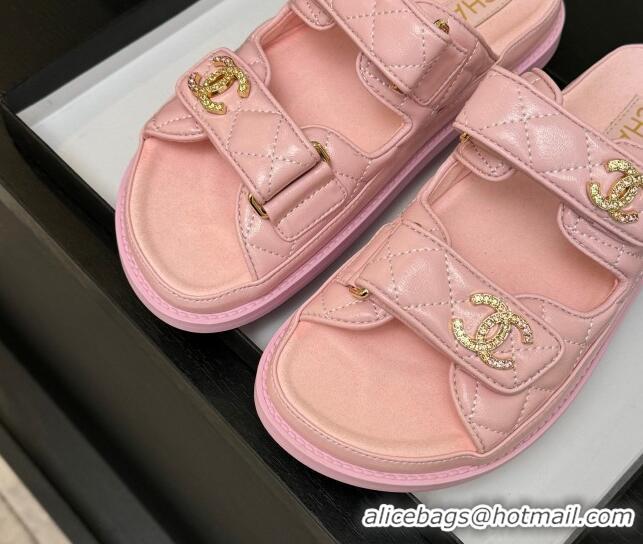 Trendy Design Chanel Patent Calfskin Flat Strap Slides Sandal with Strass CC Light Pink 2025 CH041719