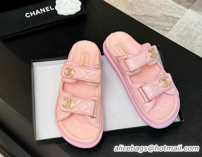 Trendy Design Chanel Patent Calfskin Flat Strap Slides Sandal with Strass CC Light Pink 2025 CH041719