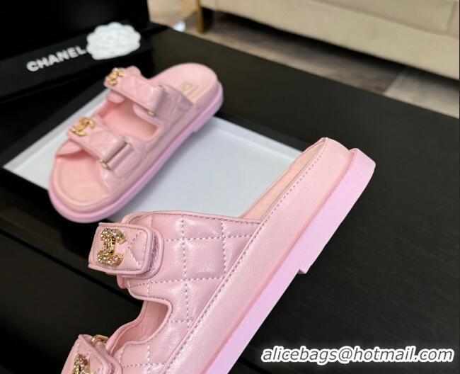 Trendy Design Chanel Patent Calfskin Flat Strap Slides Sandal with Strass CC Light Pink 2025 CH041719