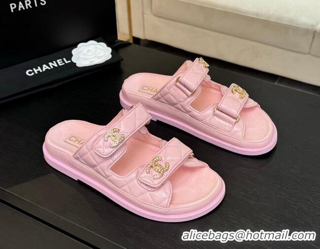 Trendy Design Chanel Patent Calfskin Flat Strap Slides Sandal with Strass CC Light Pink 2025 CH041719