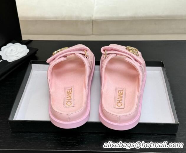 Trendy Design Chanel Patent Calfskin Flat Strap Slides Sandal with Strass CC Light Pink 2025 CH041719