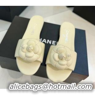 Classic Hot Chanel Camellia Bloom Lambskin Flat Slides Sandal G45499 White