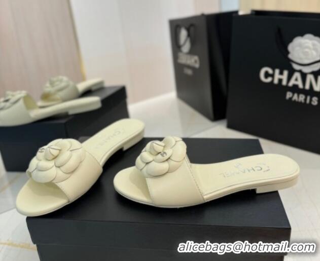 Classic Hot Chanel Camellia Bloom Lambskin Flat Slides Sandal G45499 White