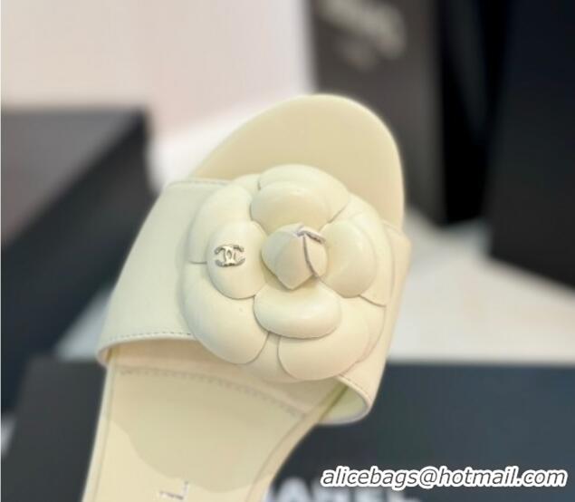 Classic Hot Chanel Camellia Bloom Lambskin Flat Slides Sandal G45499 White