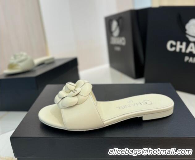 Classic Hot Chanel Camellia Bloom Lambskin Flat Slides Sandal G45499 White