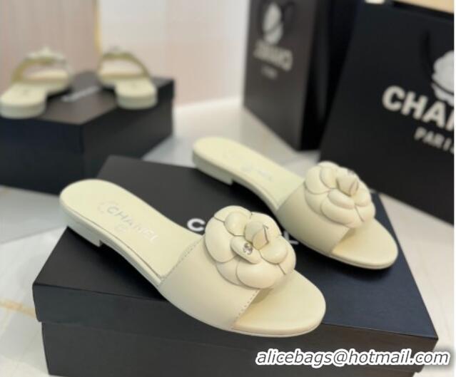 Classic Hot Chanel Camellia Bloom Lambskin Flat Slides Sandal G45499 White