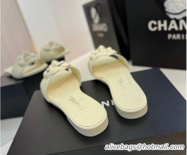 Classic Hot Chanel Camellia Bloom Lambskin Flat Slides Sandal G45499 White