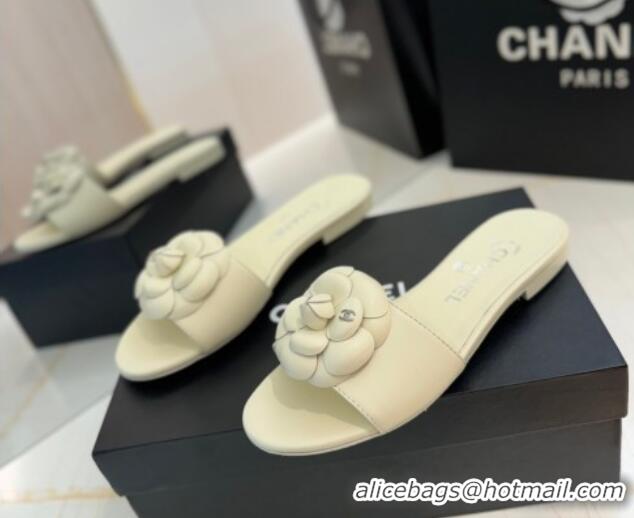 Classic Hot Chanel Camellia Bloom Lambskin Flat Slides Sandal G45499 White