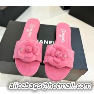 Luxury Discount Chanel Camellia Bloom Suede Flat Slides Sandal G45499 Pink