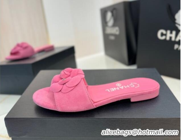 Luxury Discount Chanel Camellia Bloom Suede Flat Slides Sandal G45499 Pink