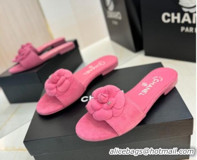 Luxury Discount Chanel Camellia Bloom Suede Flat Slides Sandal G45499 Pink