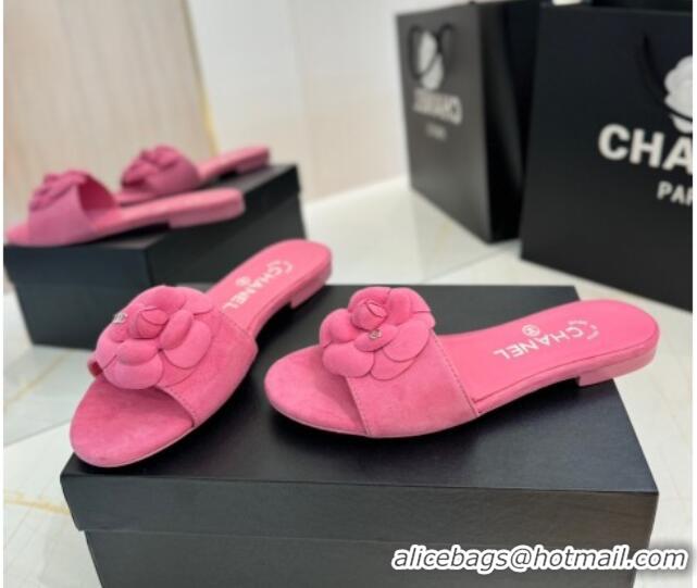 Luxury Discount Chanel Camellia Bloom Suede Flat Slides Sandal G45499 Pink