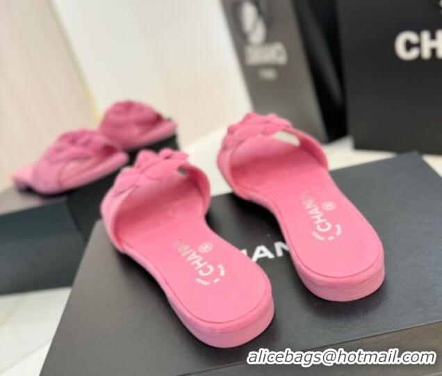 Luxury Discount Chanel Camellia Bloom Suede Flat Slides Sandal G45499 Pink