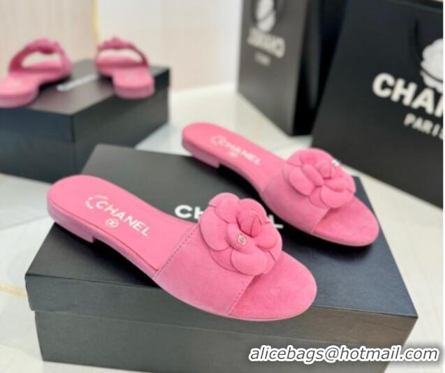 Luxury Discount Chanel Camellia Bloom Suede Flat Slides Sandal G45499 Pink
