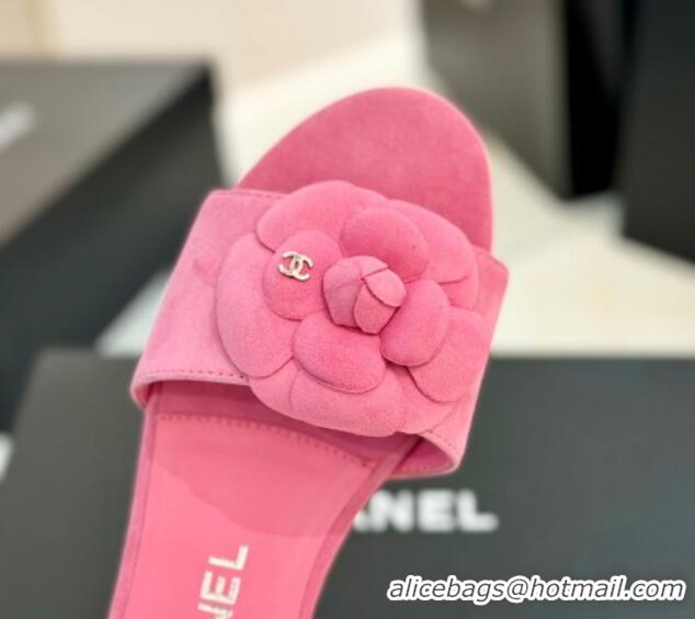 Luxury Discount Chanel Camellia Bloom Suede Flat Slides Sandal G45499 Pink