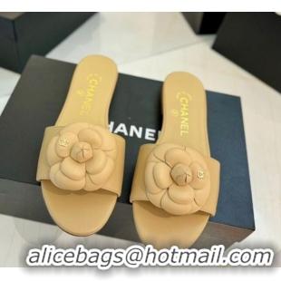 Luxury Chanel Camellia Bloom Lambskin Flat Slides Sandal G45499 Beige