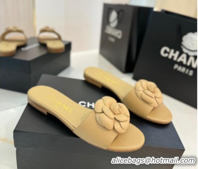 Luxury Chanel Camellia Bloom Lambskin Flat Slides Sandal G45499 Beige