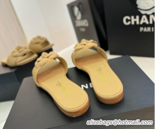 Luxury Chanel Camellia Bloom Lambskin Flat Slides Sandal G45499 Beige