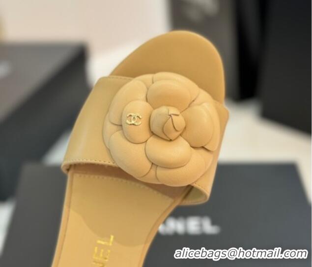 Luxury Chanel Camellia Bloom Lambskin Flat Slides Sandal G45499 Beige