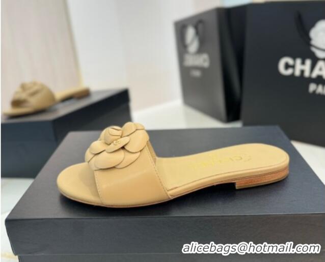 Luxury Chanel Camellia Bloom Lambskin Flat Slides Sandal G45499 Beige