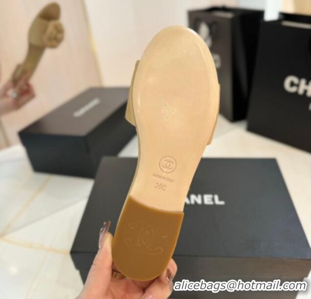 Luxury Chanel Camellia Bloom Lambskin Flat Slides Sandal G45499 Beige
