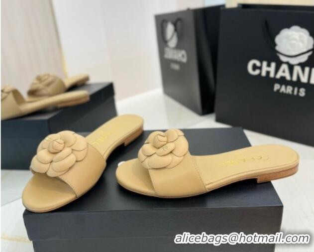 Luxury Chanel Camellia Bloom Lambskin Flat Slides Sandal G45499 Beige