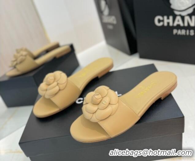 Luxury Chanel Camellia Bloom Lambskin Flat Slides Sandal G45499 Beige