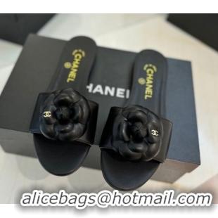 Luxury Cheap Chanel Camellia Bloom Lambskin Flat Slides Sandal G45499 Black