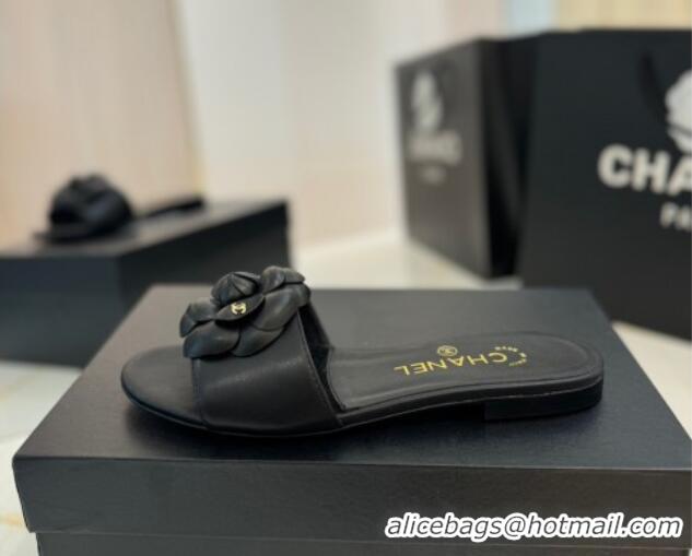 Luxury Cheap Chanel Camellia Bloom Lambskin Flat Slides Sandal G45499 Black