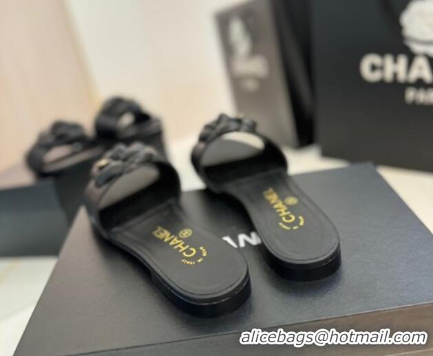 Luxury Cheap Chanel Camellia Bloom Lambskin Flat Slides Sandal G45499 Black