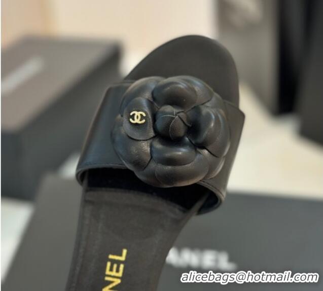 Luxury Cheap Chanel Camellia Bloom Lambskin Flat Slides Sandal G45499 Black