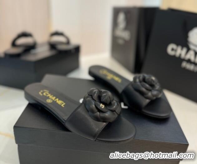 Luxury Cheap Chanel Camellia Bloom Lambskin Flat Slides Sandal G45499 Black