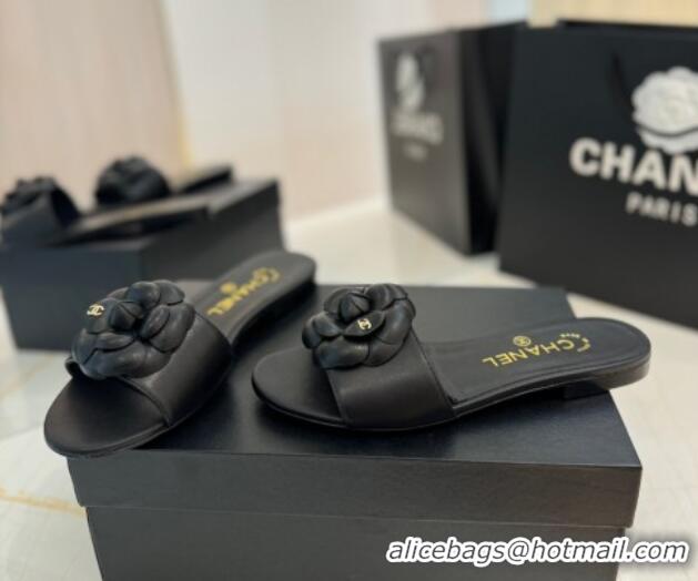 Luxury Cheap Chanel Camellia Bloom Lambskin Flat Slides Sandal G45499 Black