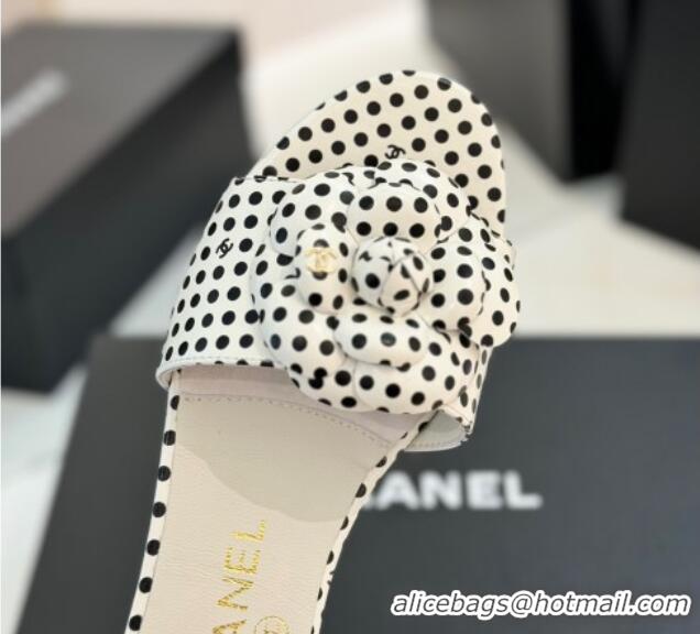 Grade Quality Chanel Camellia Dotted Lambskin Flat Slides Sandal G45499 White