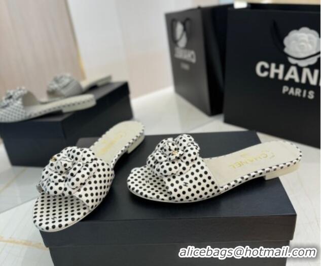 Grade Quality Chanel Camellia Dotted Lambskin Flat Slides Sandal G45499 White