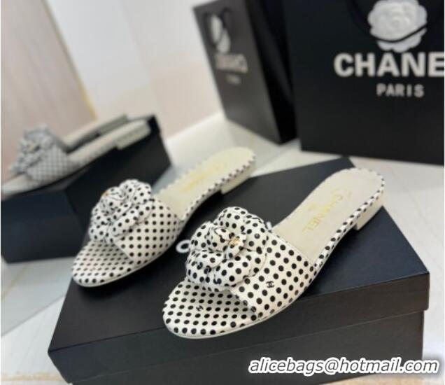 Grade Quality Chanel Camellia Dotted Lambskin Flat Slides Sandal G45499 White