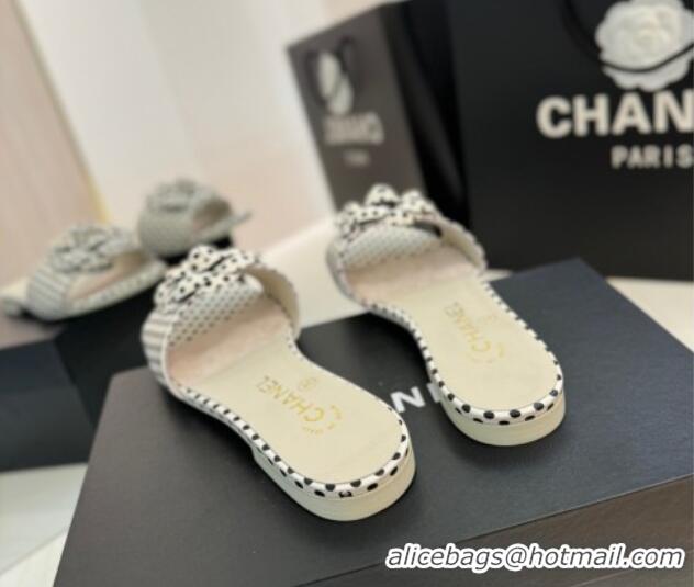 Grade Quality Chanel Camellia Dotted Lambskin Flat Slides Sandal G45499 White