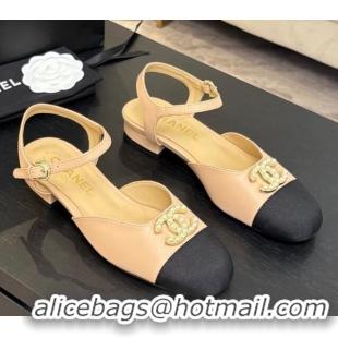 Lowest Cost Chanel Calfskin & Grosgrain Flat Sandals with Pearl CC Beige 2025 CH041720