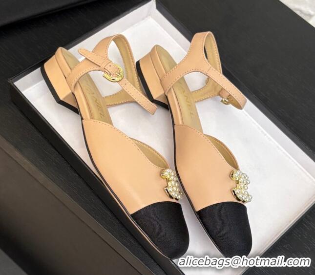 Lowest Cost Chanel Calfskin & Grosgrain Flat Sandals with Pearl CC Beige 2025 CH041720