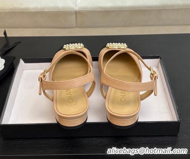 Lowest Cost Chanel Calfskin & Grosgrain Flat Sandals with Pearl CC Beige 2025 CH041720